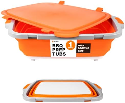 Drip EZ Collapsible BBQ Prep Tub - For Meal Prep Marinating Food Storage - Includes Cutting Board & Locking Lid - (1) XL - Orange by DripEZ