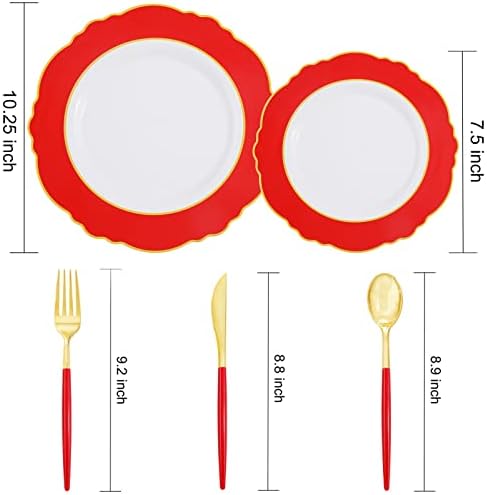 WDF 30Guest Red Plastic Plates - Gold Plastic Silverware With Red Handle - Red Plates Disposable- Baroque Plastic Dinnerware for Wedding Baby Shower Spring Birthday - Image 3