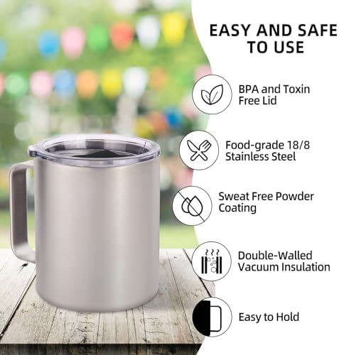 Volhoply 14oz Insulated Stainless Steel Coffee Mug with Lid Bulk 8 Pack,Double Wall Vacuum Travel Coffee Cup with Handle,Reusable Metal Cups Tumbler,Camping Mugs Keep Hot,Ideal Gifts(Silver,8) - Image 4