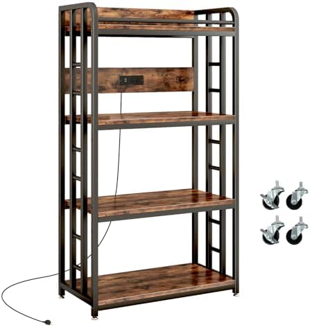 METYERRY Microwave Stand with Storage, 4-Tier Kitchen Bakers Rack with Power Outlet and USB Charging Ports, Rolling Kitchen Cart with Lockable Wheels and Adjustable Shelves for Coffee Bar, Rustic Brow by METYERRY
