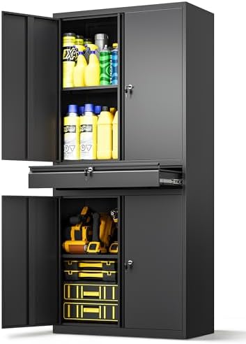 Metal Storage Cabinet with Drawer, Garage Storage Cabinet with Locking Doors and Adjustable Shelves,Tool Steel Cabinet for Garage, Home Office,Warehouse (Black) by LISSIMO