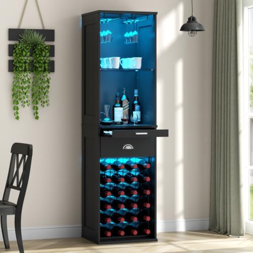 Loomie Wine Bar Cabinet w/LED Lights, 65'' Tall Coffee Bar w/24 Wine Rack by LOOMIEDirect
