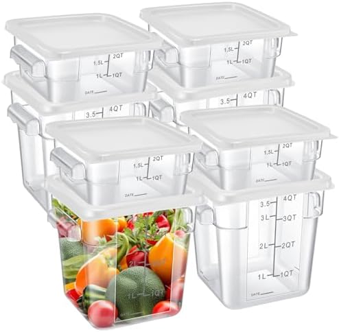 Suclain 8 Pcs Food Storage Container with Lids Set 2qt and 4qt Square Clear Commercial Containers with Scales Handles for Home Restaurant Kitchen Food Storage, Marinating Meat, Proof Dough (White) by Suclain
