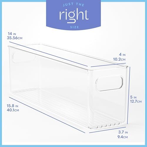 Plastic Food Storage 6 Pack Clear Container Bin with Handles for Organizing Kitchen, Pantry, Refrigerator, Freezer, Pantry, Cabinet, Closet, Bathroom. 14”x4”x5” - Image 3