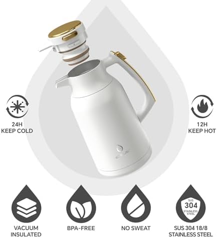 IDEUS Thermal Coffee Carafe 68oz, Beverage Dispenser White-Gold - Image 2