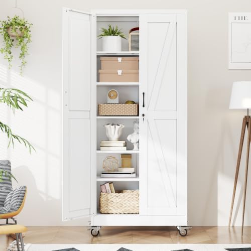 Metal Storage Cabinets with Wheels, Steel Tool Cabinets Lock Door and 5 Adjustable Shelves for Home Office, Garage, Kitchen (White, 74.8" H) by Unknown