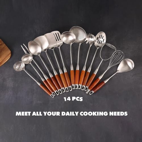 15” Metal Kitchen Utensils Set with RooseWood Handle - 18/10 Stainless Steel Cooking Utensils, 14 PCS Large & Small Spoons Set - Whisk, Masher, Fork, Spatula, Turner, Ladle, Skimmer, Pasta - Image 6