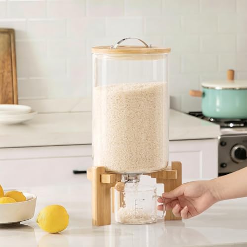 HBlife Glass Rice Dispenser with Wooden Stand Flour and Cereal Container with Glass Measuring Cup Pantry Food Organization Storage Bin with Airtight Bamboo Lid, 3L+5L - Image 5