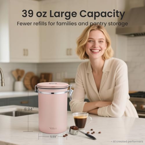 Veken Coffee Canister,39OZ, 2.2lbs,Large Airtight Stainless Steel Container - Image 2