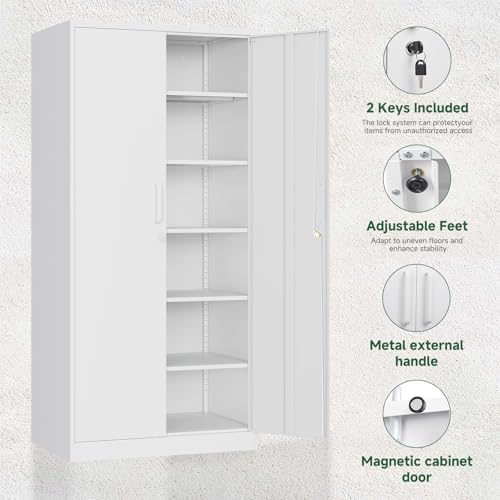Letaya Metal Storage Cabinets with Lock Door,Steel Locker Garage Cabinets 5 Adjustable Shelves for Home,Office, Warehouse(White) - Image 6