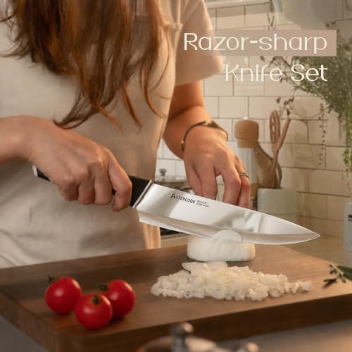Astercook Knife Set, Kitchen Knives with Block and Sharpener 15 Pcs German Stainless Steel Sharp Blade Dishwasher Safe with Ergonomic Handle, Elegant Black - Image 2