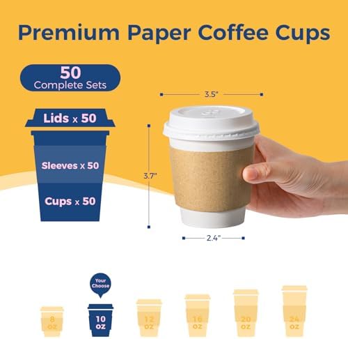 Fit Meal Prep 50 Pack 10 oz Disposable Coffee Cups with Lids, Sleeves, Leak-Proof To Go Coffee Cups with Lids, Durable Hot Paper Cups for Home, Office, Party, Business - Image 2