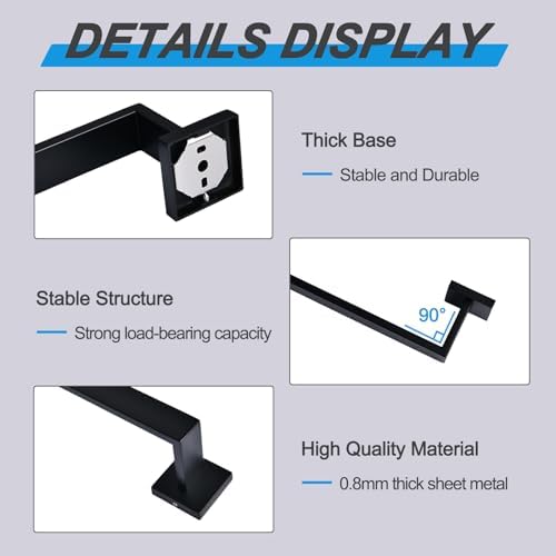 Bath Towel Bar, 24-Inch Towel Racks, Square Thicken Towel Holder, Wall Mounted Shower Towel Rail Hanger, Stainless Steel,Bathroom Accessories (Matte Black, 2 Pack) - Image 6