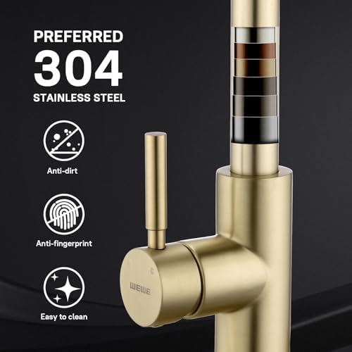 WEWE Pull-Down Kitchen Faucet, 3-Mode Sprayer, Gold, High Arc - Image 4