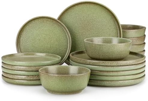 vancasso Plates and Bowls Sets, 18 Pieces Stoneware Dinnerware Set for 6, Ceramic Dish Set for Kitchen, Microwave and Dishwasher Safe, Mossy Green, Series ZERMATT by vancasso