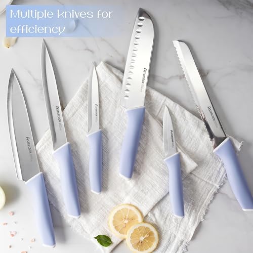 Astercook Kitchen Knife Set with Block and Sharpener 15 Piece German High Carbon Stainless Steel Sharp Blade Dishwasher Safe with Ergonomic Handle, Delicate Blue - Image 4
