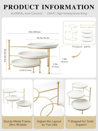 Kanwone 3 Tiered Serving Stand with White Porcelain Plates, 10.3" Round Tray, Dessert Table Display Set, Gold Metal Stand, Versatile & Durable - Image 2