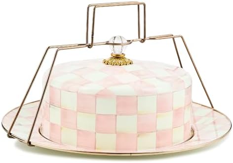 MACKENZIE-CHILDS Enamel Cake Carrier, Cake-Dish Serving Platter with Lid and Handles, Pink-and-White Rosy Check by Unknown