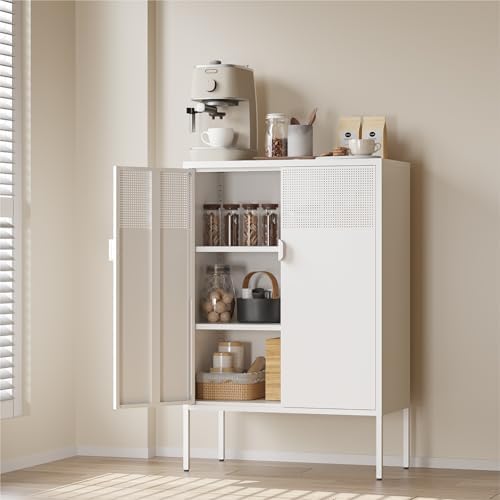 COFaR White Metal Storage Cabinet with Adjustable Shelves, 47”H Modern Buffet Sideboard & Coffee Bar Cabinet with Magnetic Doors, Ventilated Steel Organizer for Kitchen, Dining Room, Home Office by COFAR