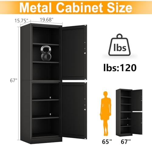 Ckzbx Metal Locker Tall Narrow Storage Cabinet, 67" H Locking Tool File Cabinets Snack Locker Organizer for School Classroom,Bedroom,Gym Home Office,Entryway and Hallway (20" W 2Door Black) - Image 3