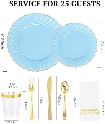 YOUBET 175PCS Light Blue Scalloped Plastic Plates for Party Wedding - Image 2