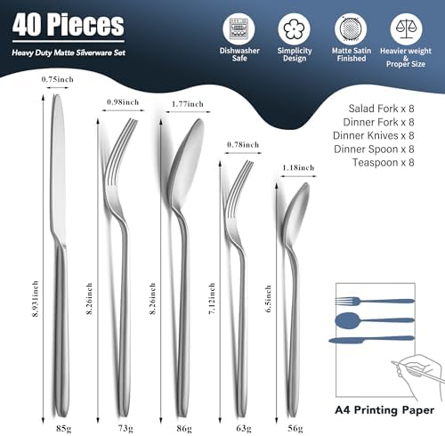 Heavy Duty Silverware Set, EIUBUIE 40-Piece Premium Stainless Steel Flatware Sets For 8, Matte Brushed Finish Cutlery Tableware Modern Kitchen Utensils Set for Home Restaurant, Dishwasher Safe - Image 6