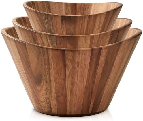 Wooden Salad Bowl Set of 3, Wavy 12" 10" 8" Wood Serving & Mixing Bowls by Woodenhouse
