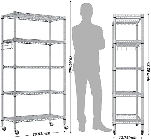 Homdox 5 Tier Adjustable Rolling Storage Shelves, Heavy Duty Wire Racks and Shelving, Metal Shelves for with Side Hooks Pantry Closet Kitchen Garage Organization, Silver Gray - Image 3
