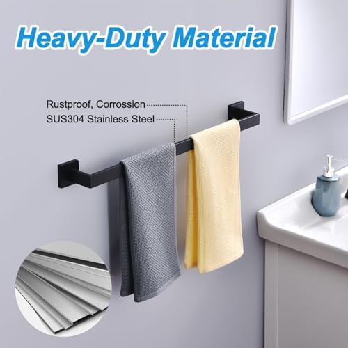 Bath Towel Bar, 24-Inch Towel Racks, Square Thicken Towel Holder, Wall Mounted Shower Towel Rail Hanger, Stainless Steel,Bathroom Accessories (Matte Black, 1 Pack) - Image 2