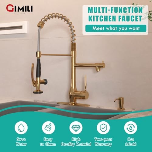 GIMILI Brushed Gold Commercial Kitchen Sink Faucet with Soap Dispenser - Image 5