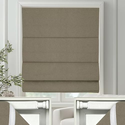 Changshade No Drill Roman Shades Cordless Blinds Blackout for Indoor Windows, Room Darkening Black Out Tension Rod No Hardware No Tools Inside Mount, Shade Size 24 Inches Wide 64 Inches High, Brown by Changshade