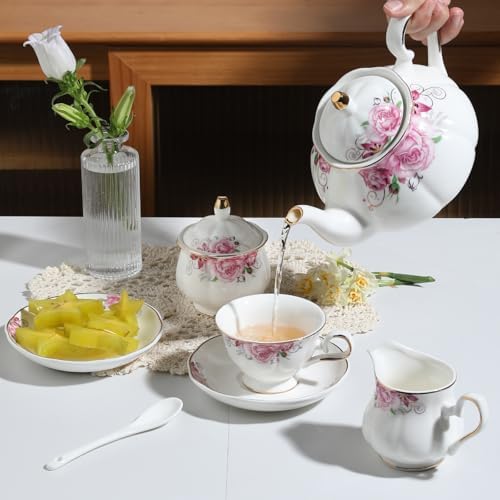Sweejar Porcelain Tea Set Vintage Floral, British Relief Gold Rim Teapot Cup and Saucer Sets, 22-Piece Tea Sets for Adults, with Teapot, Sugar Bowl, Milk Jug, Spoons, Cup and Saucer (Flower) - Image 4