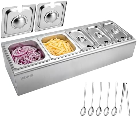 VEVOR Countertop Food Serving Display Container, Stainless Steel Food Salad Server Tray, Buffet Condiment Dispenser, Ice Cooled Rack with Separate Lid, for Restaurant Hotel Kitchen (2x1/6+3x1/9 Pan) by VEVOR