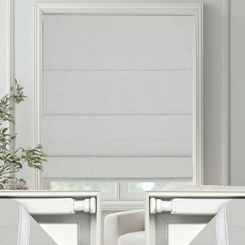Changshade No Drill Roman Shades Cordless Blinds Blackout for Indoor Windows, Room Darkening Black Out Tension Rod No Hardware No Tools Inside Mount,Shade Size 32.5Inch Wide 50Inch High,Light Grey by Changshade