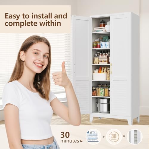 Kitchen Pantry Cabinet, Freestanding Storage Cabinet with Louvered Doors, Adjustable Shelves Tall Kitchen Cabinet for Kitchen Dining Room Laundry Room, 70.9" H x31.5 W x15.7 D, White - Image 6
