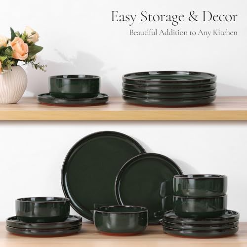 E-far Stoneware Dinnerware Sets for 6, 18 Pieces Reactive Glaze Plates and Bowls Sets, Elegant Dishes with Rustic Terracotta Clay Base, Dishwasher & Microwave Safe, Scratch Resistant, Blackish Green - Image 6