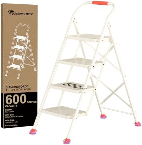 Step Ladder Foldable Folding Stool - for Home Adults Kitchen 4 Stepping Extension Tall Heavy Duty with Handrails - Closet Stepstool Stair Ladders Extendable Stepladder for Indoor House 600Lbs by DIAMONDFORGE