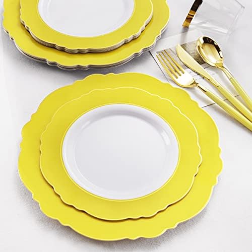 WDF 150pieces Yellow Disposable Dinnerware Hign-end Baroque Design - Sturdy&Durable Baroque Yellow Sunshine&Gold Plastic Dinnerware for Upscale Wedding & Thanksgiving Parties (Pack of 2) - Image 3