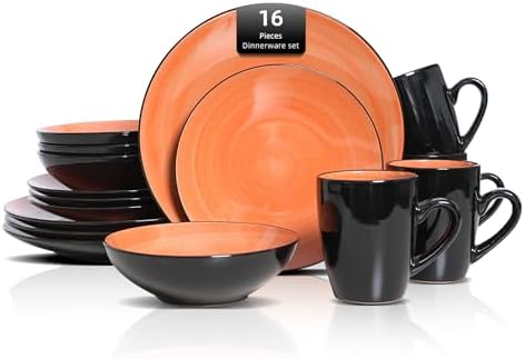 HomeVss, Stoneware Sonoma 16pc Dinnerware Set, Black + Speckled Spin Wash Orange by HomeVSS
