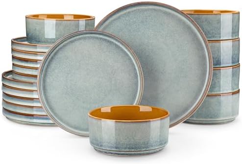 vancasso ONION Ceramic Plates and Bowls Sets, 18 Pieces Light Blue Dinnerware Sets for Kitchen, Reactive Glaze Dishes Set for 6, Dishwasher and Microwave Safe by vancasso