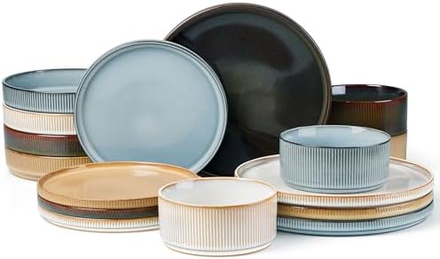 LIANYU Dinnerware Stoneware Sets with Pasta Bowls, 16 Piece Plates and Bowls Set for 4, Ribbed Dishes Set for Home, Microwave and Dishwasher Safe, Four-color by LIANYU