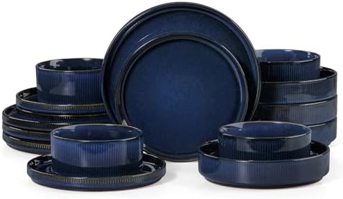 LIANYU Dinnerware Sets with Pasta Bowls for 4, 16 Piece Dishes Plates and Bowls Set, Microwave & Dishwasher Safe Ceramic Stoneware, Scratch Resistance Dinner Salad Plates, Twilight Blue by LIANYU
