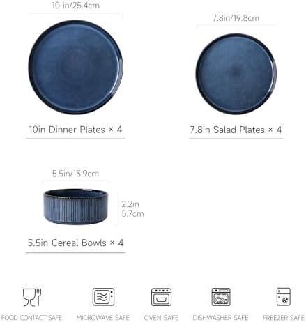 Stoneware Dinnerware Sets for 4, 12Pcs Plates and Bowls Set, Midnight Blue - Image 3