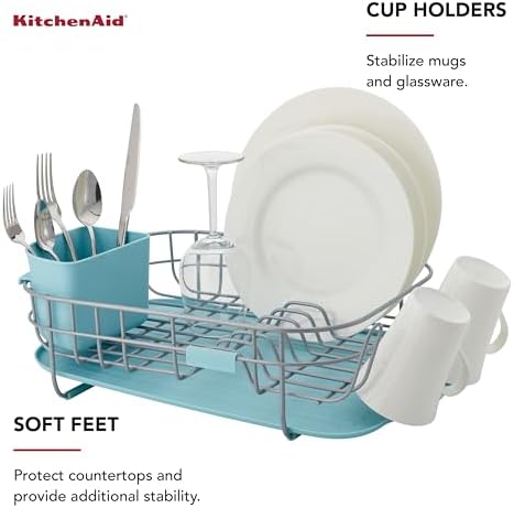 KitchenAid Low Profile Compact Dishrack with Removable Flatware Caddy and Angled Self-Draining Board, Rust Resistant Wires, 12.59 x 17.55 x 6.29 Inch, Mineral Water - Image 6
