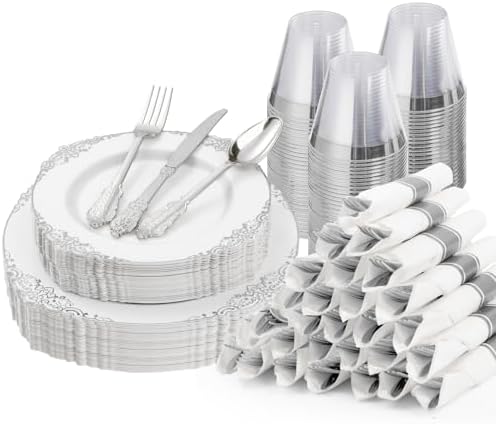 Bestluck 175PCS White Silver Disposable Dinnerware for 25 Guests by Bestluck