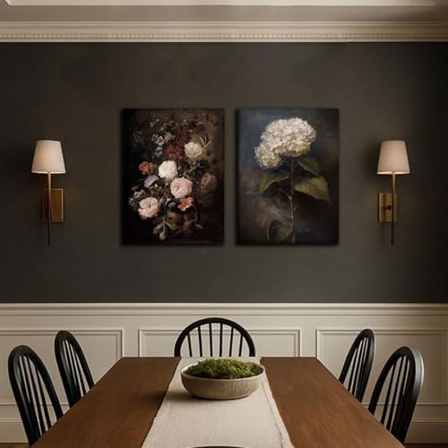 Doqueodas 2 pcs Vintage Floral Canvas Wall Art, Elegant Dark Rose Hydrangea Oil Painting Print Artwork, Rustic Farmhouse Classic Painting Poster Wall Decor, Suitable for Living Room Office12x16 inch - Image 7
