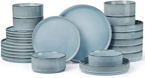 LIANYU Dinnerware Plates and Bowls Dishes Set, 24 Piece Elegant Stoneware Sets with Pasta Bowls for 6, Modern Ribbed Ceramic Dining Ware Dishware for Restaurant Wedding, Dishwasher Safe, Slate Blue by LIANYU