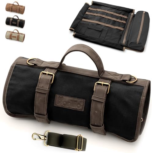 Barillio Bartender Bag (Without Tools) - Stylish, Waxed Canvas, Roll Up Traveling Bar Bag for Carrying Bar Tools and Cocktail Shaker Set with Shoulder Strap - Portable Travel Bartending Roll Black by Barillio