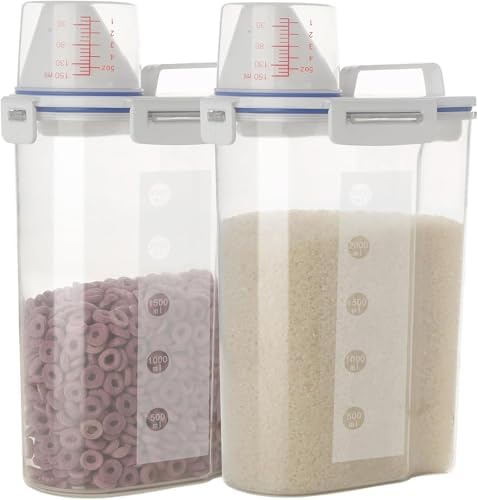 2 Pcs 5.5 LB Rice Storage Container, Airtight Cereal Flour Dispenser with Pouring Spout & Measuring Cup, Kitchen Plastic Clear Dry Food Storage Bin for Grain Oatmeal Snacks Pet Dog Food by jioko
