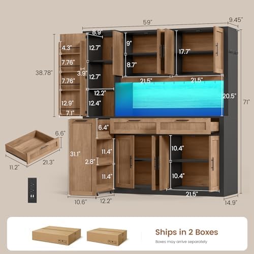 Itaar 71" Kitchen Pantry Cabinet with Charging Station and Led Light, Kitchen Storage Cabinets with Microwave Stand, 59" Wide Pantry Storage Cabinet with Storage Cart 3 Tier for Dining Room, Brown - Image 2